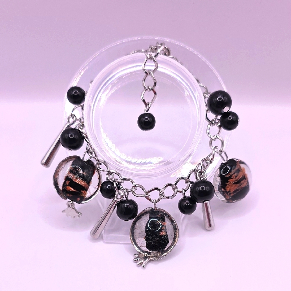 Elegant Silvertone and Black Dichroic Glass Charm Bracelet